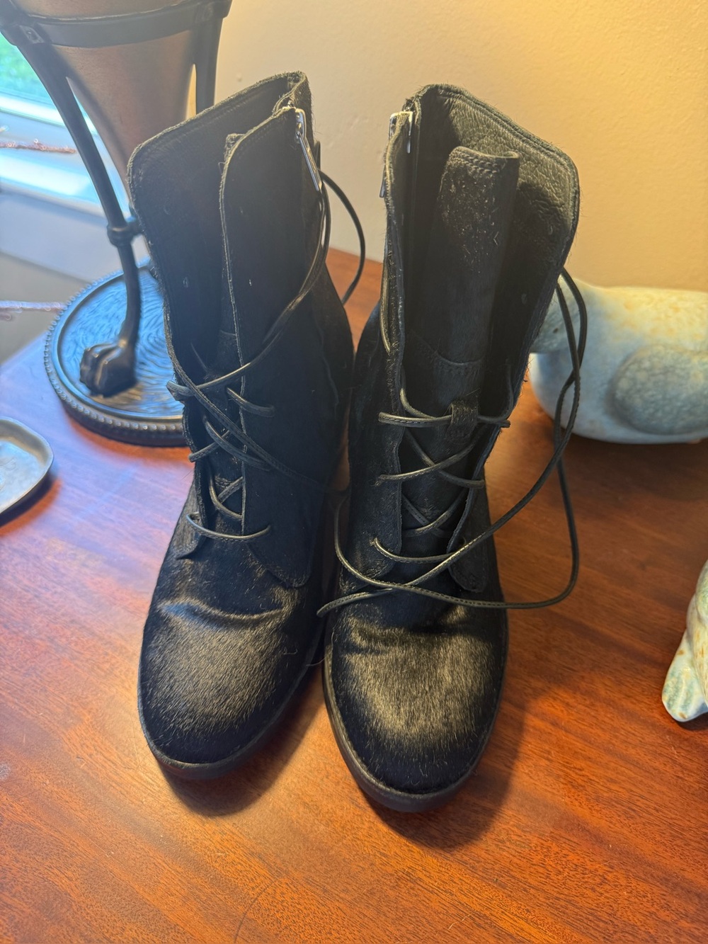 UGG Black Lace-Up Ankle Boots with Textured Haircalf Upper